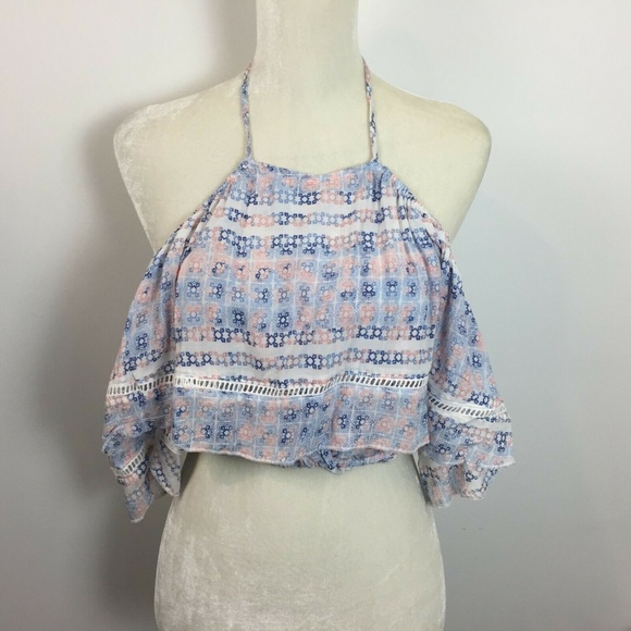 NWT Surf Gypsy Miss Medium crop off the shoulder shirt peach blue stripe macrame - Picture 1 of 4